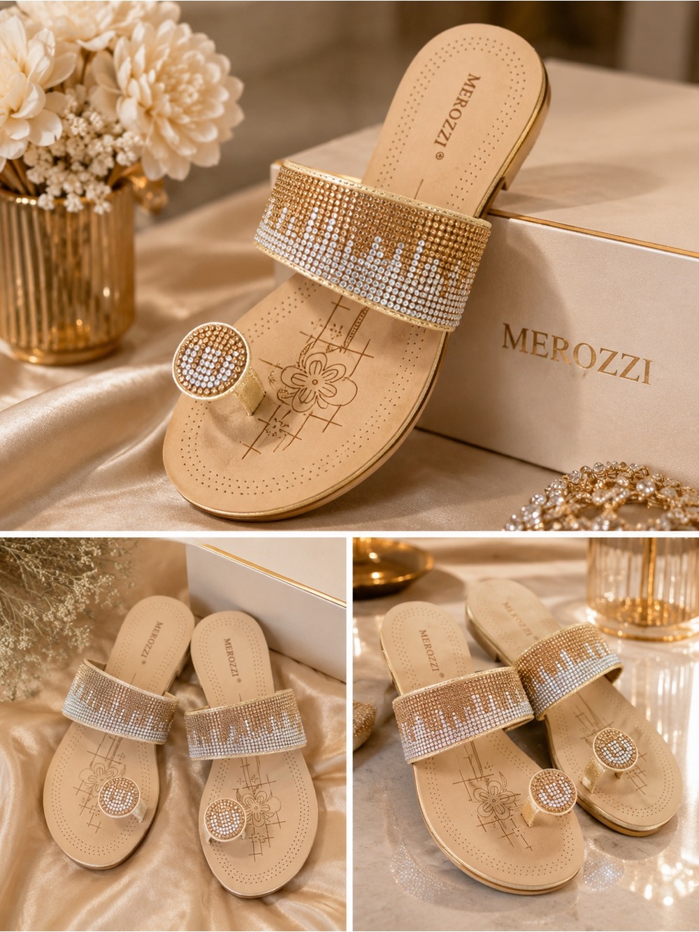 Merozzi Gold Jeweled Toe-Loop Slide Sandals